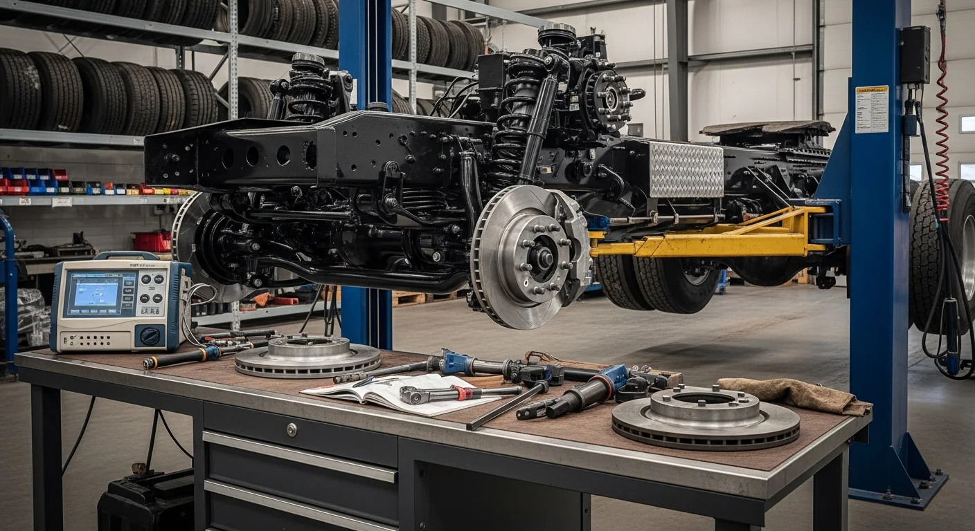Mechanic performing truck engine repair in service bay