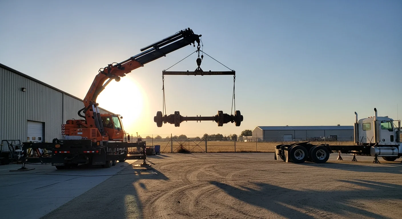 Mobile crane lifting heavy truck component at service site