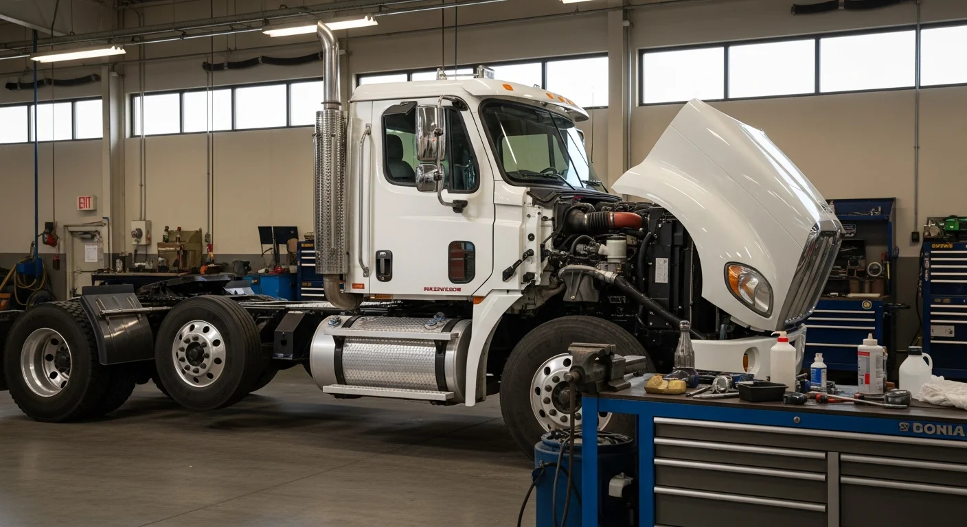 Semi truck parked at service facility for maintenance