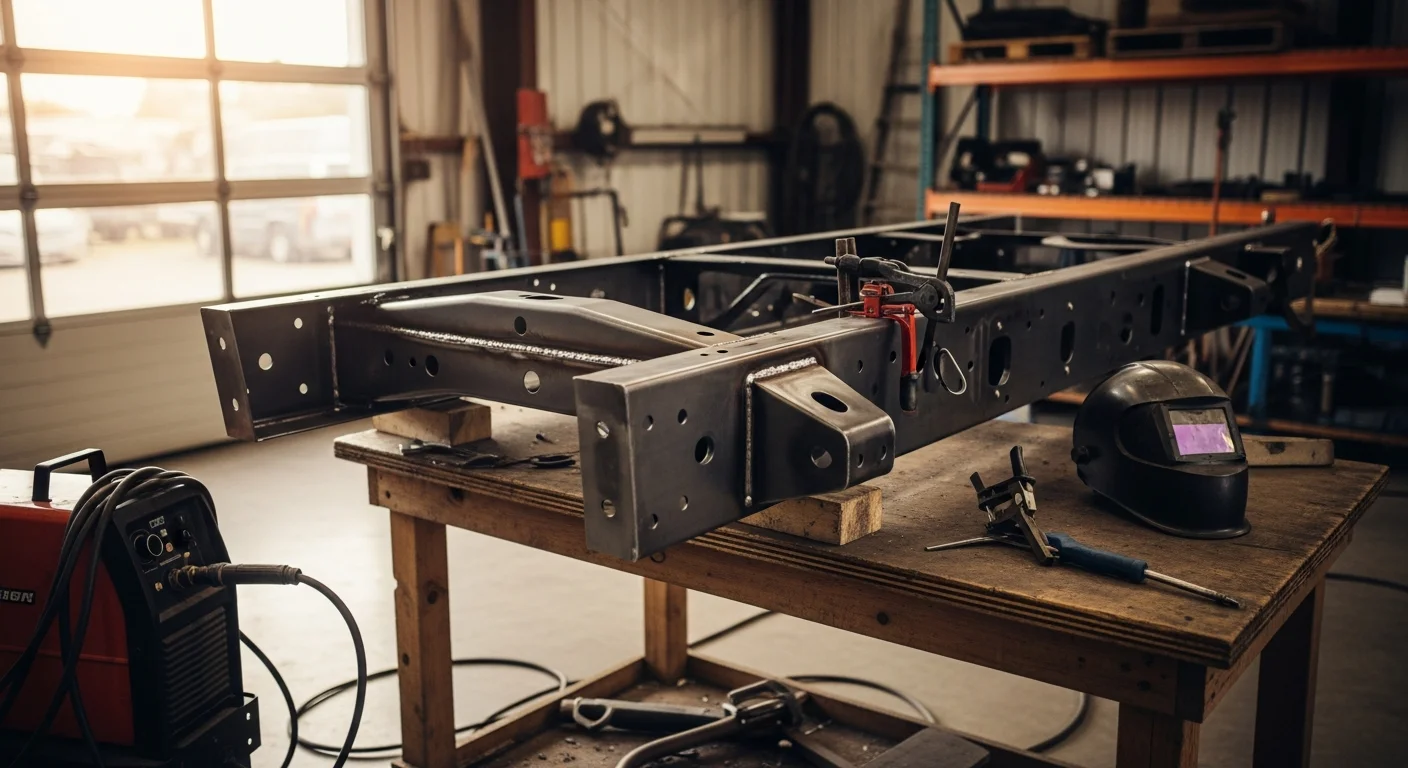 Welder performing metal fabrication on truck frame
