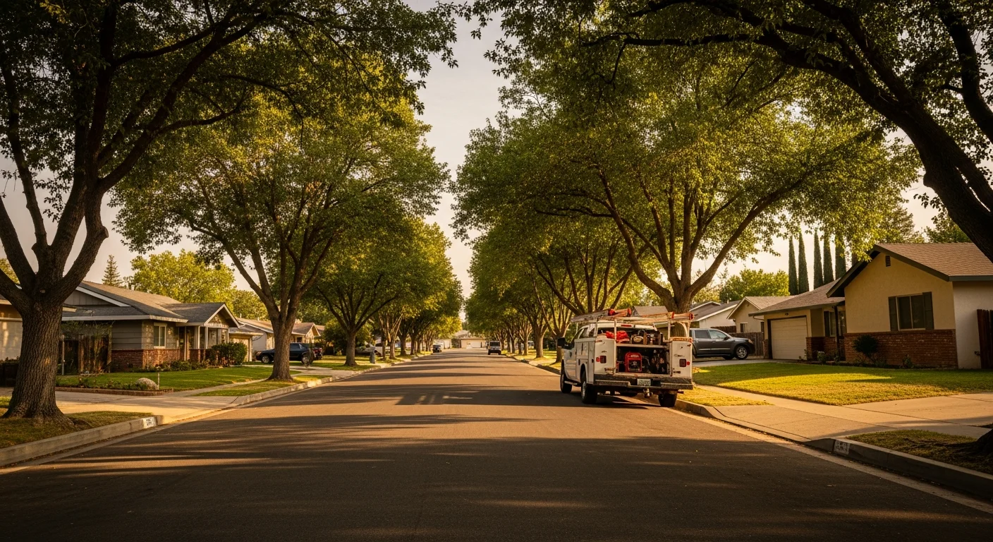 Residential street in Modesto with mature trees and single-family homes typical of Central Valley neighborhoods.