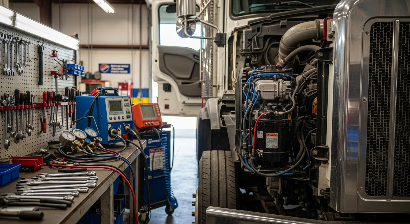 A commercial truck with its hood open inside a Modesto repair shop, with a mechanic inspecting the air conditioning compressor and engine bay components. The shop setting reflects a heavy-duty truck service environment suited to Central Valley working vehicles.