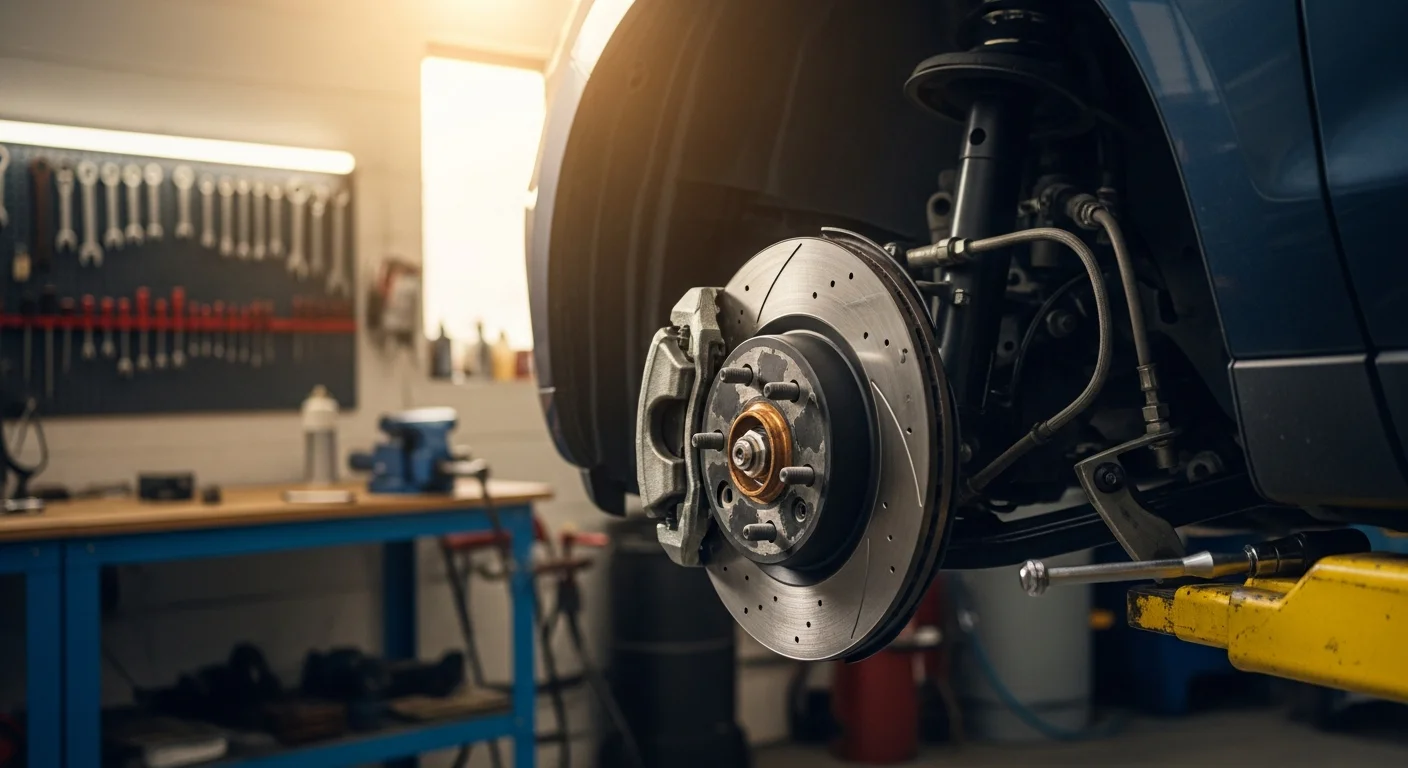 A mechanic at L&E Mechanics Services in Modesto inspecting a brake rotor and caliper on a lifted vehicle inside an auto repair bay. Close-up view shows worn brake pad next to a clean replacement rotor ready for installation.