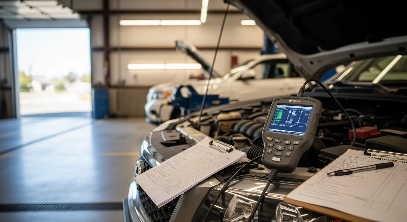 A mechanic at L&E Mechanics Services in Modesto, CA connects a professional OBD-II scan tool to a vehicle's diagnostic port. The scan tool screen displays active trouble codes while the hood is raised for a visual engine inspection.