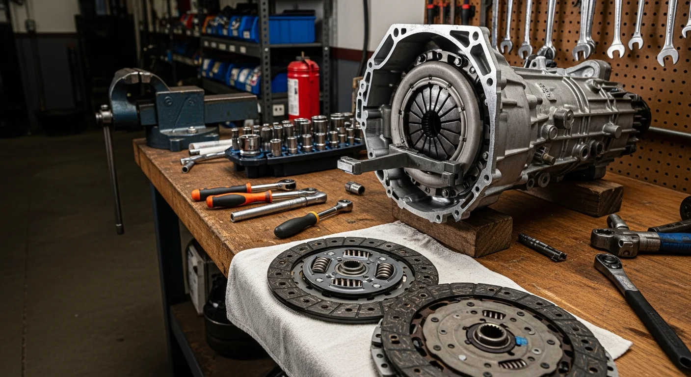 A mechanic at an auto repair shop in Modesto inspecting a removed manual transmission clutch disc and pressure plate on a workbench. The vehicle is raised on a lift in the background with the transmission separated from the engine.