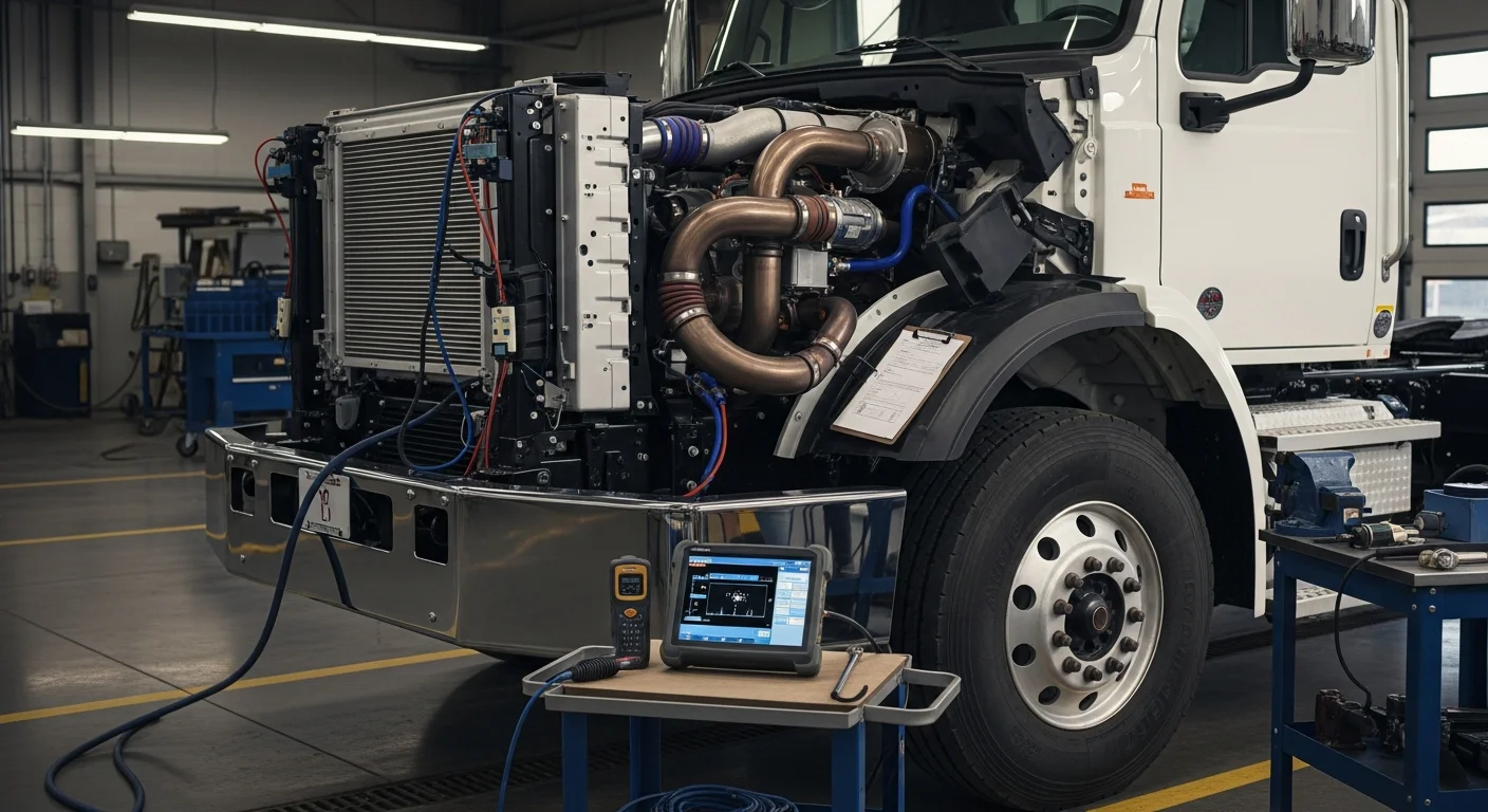 A heavy-duty diesel truck undergoing a Clean Truck Check emissions inspection at a repair shop in Modesto, California. A technician connects an OBD diagnostic tool to the truck while reviewing emissions control equipment.