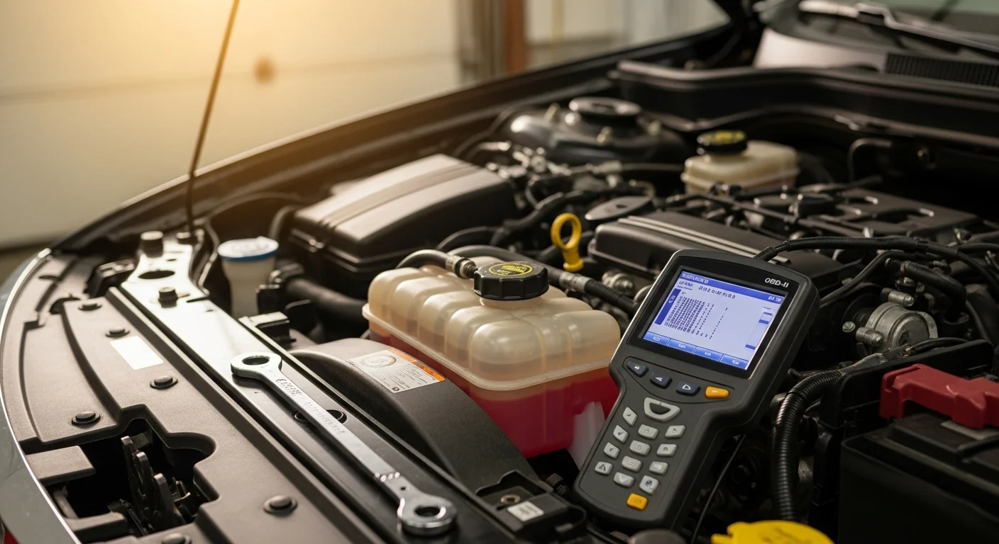 A mechanic at L&E Mechanics Services in Modesto inspecting an open vehicle engine bay, with diagnostic equipment connected to the vehicle. The shop interior shows a clean work area with tools and a lifted car in the background.
