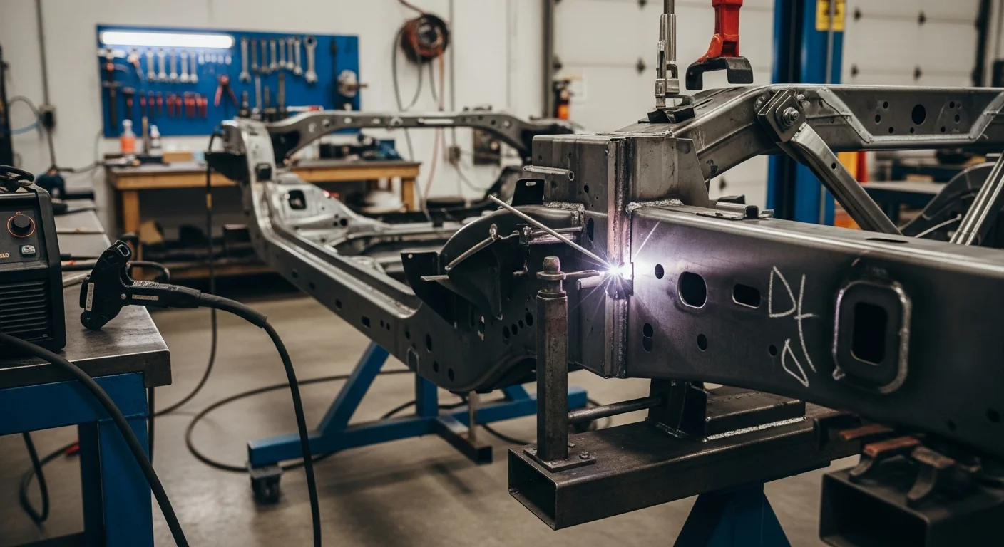 A steel vehicle frame with a completed structural weld repair at L&E Mechanics Services in Modesto, California. Close-up view shows a clean, finished weld bead along a previously cracked frame rail.