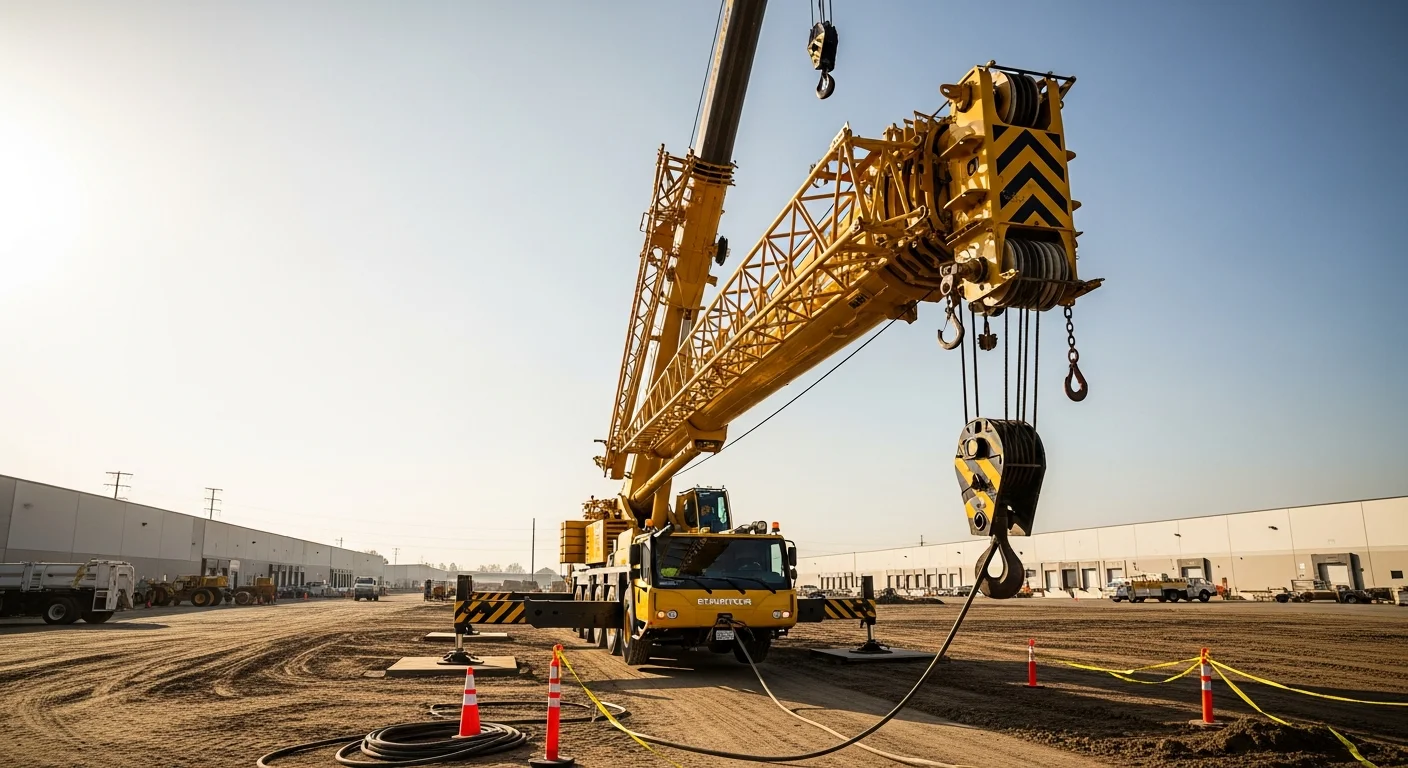 A mobile crane positioned on a commercial job site in Modesto, California, lifting heavy industrial equipment to an elevated platform. The crane boom is fully extended over a flat-roof structure with a Stanislaus County industrial backdrop.