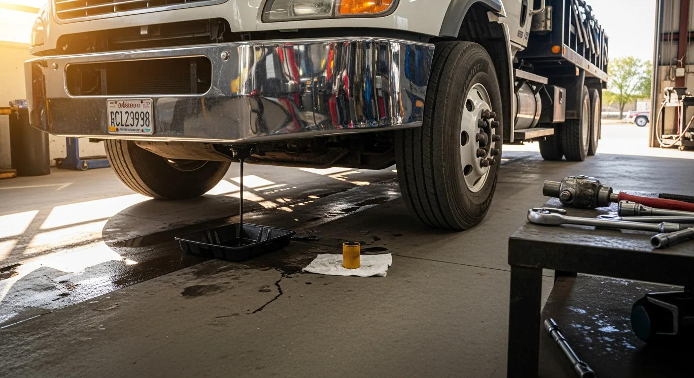 A mechanic at L&E Mechanics Services in Modesto draining engine oil from a heavy-duty work truck raised on a lift. A fresh oil filter and drain pan are visible beneath the truck's engine bay.