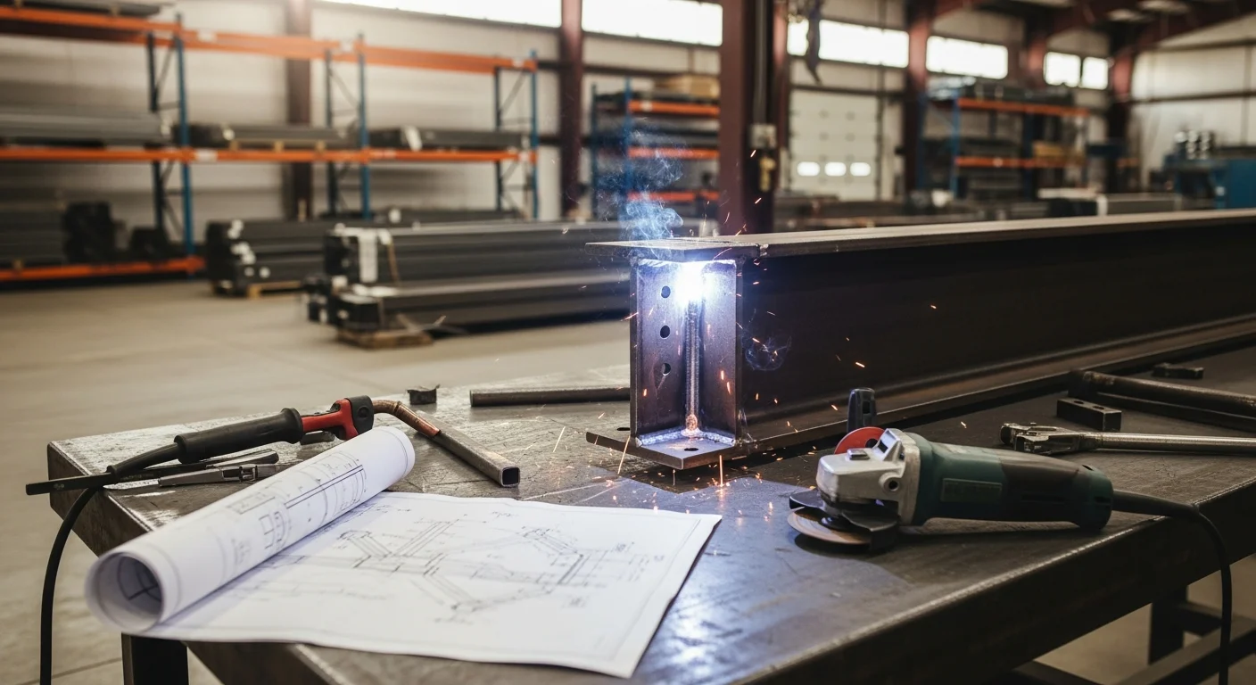 A welder in full protective gear joining structural steel beams at a commercial construction site in Modesto, California. Bright weld arc light illuminates the steel joint connection against a metal building frame in the background.