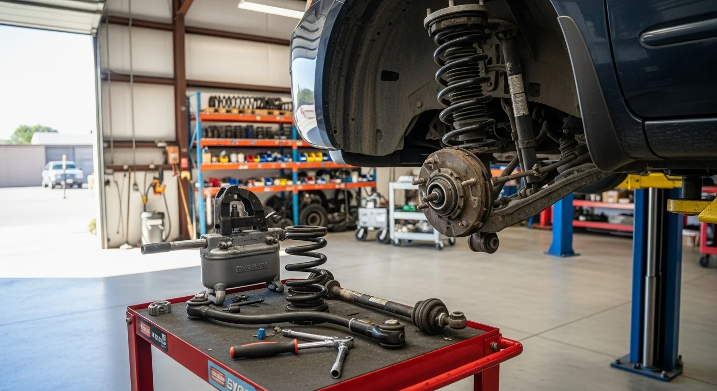 A mechanic at L&E Mechanics Services inspecting the front suspension components of a truck lifted on a shop hoist in Modesto. The image shows struts, control arms, and tie rods during a suspension repair service.