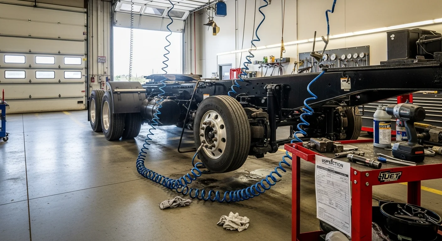 A commercial trailer with open access panels being inspected by a mechanic at a truck repair shop in Modesto, California. The technician checks brake components and suspension hardware on a working freight trailer.