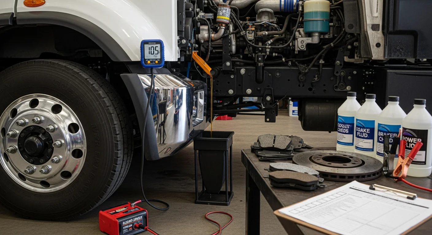 A commercial truck raised on a lift inside the L&E Mechanics Services shop in Modesto, with a technician inspecting the brake system and undercarriage components. Service tools and fluid containers are visible on the shop floor nearby.