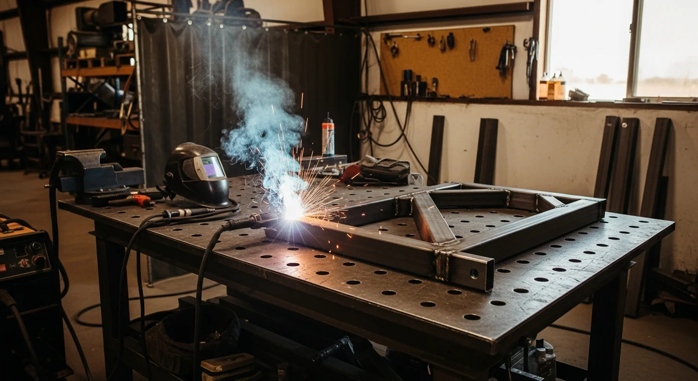 A welder at L&E Mechanics Services completing a structural metal repair on a piece of equipment in Modesto, California. Sparks are visible at the weld joint with finished metalwork in the background.